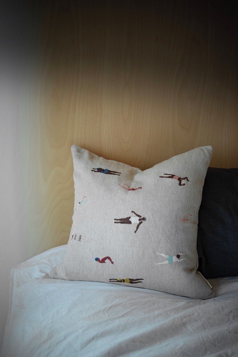 Nordic Designer Style - Embroidered Pillow Cover SWIMMERS - Pillows & Cushions - Cotton & Hemp Khaki