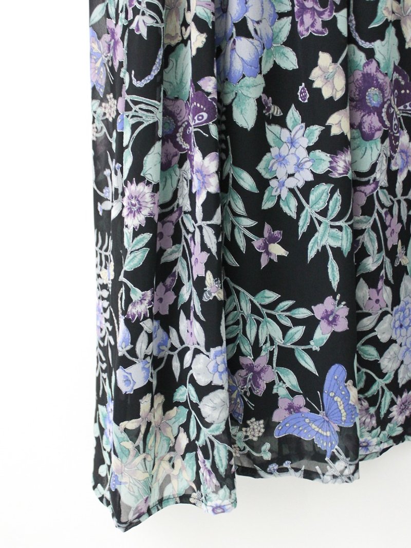 【RE0322D1010】日本製復古紫綠花朵藤蔓黑色短袖春夏古著洋裝 - 洋裝/連身裙 - 聚酯纖維 黑色