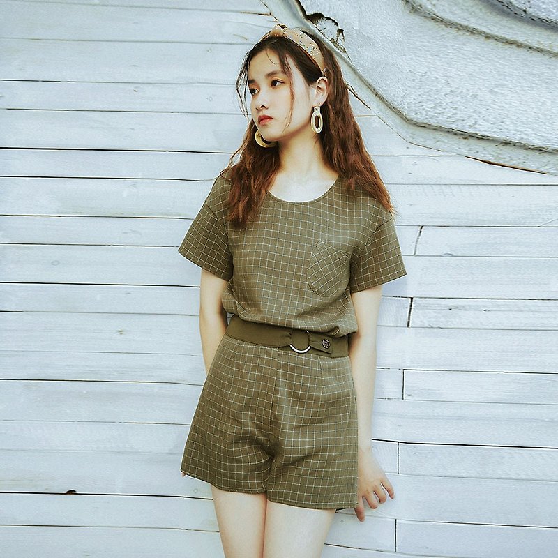 [Summer dress specials] Anne Chen 2018 small plaid round neck T-shirt decorative hoop plaid shorts suit - กางเกงขายาว - วัสดุอื่นๆ สีเขียว