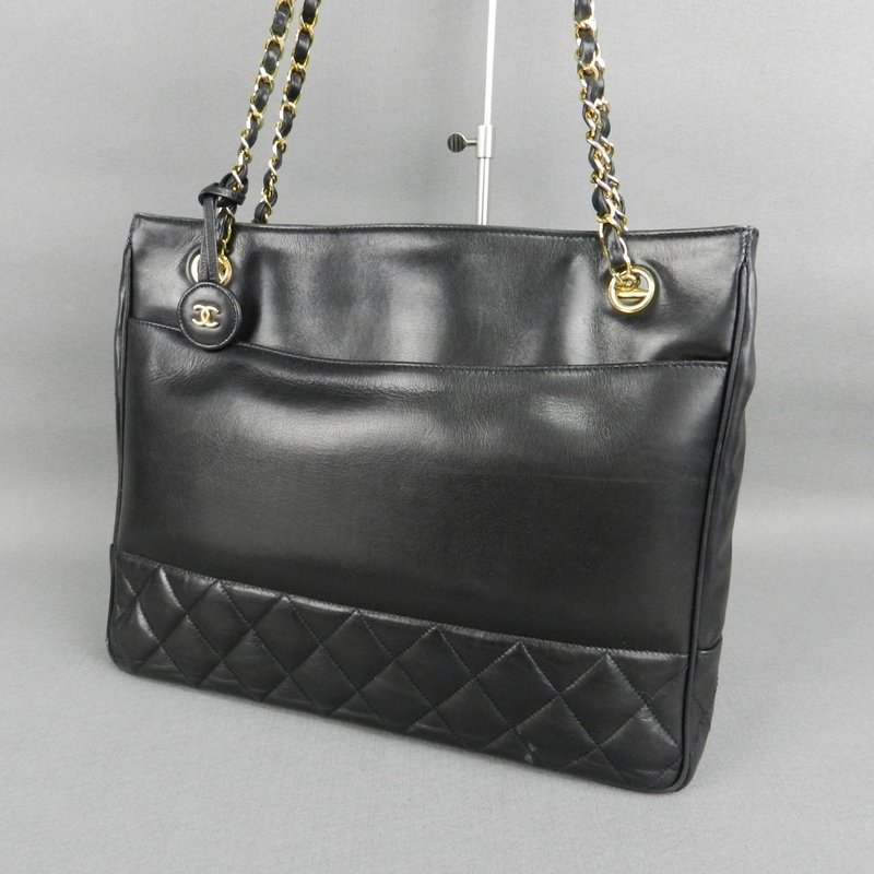 [Original dust bag] Second-hand Chanel black leather chain shoulder tote bag side shoulder bag - Messenger Bags & Sling Bags - Genuine Leather Black