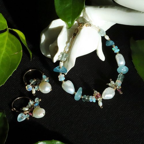 JUKAI 14KGF Aquamarine Pearl Bracelet Earrings Opal Rhodolite