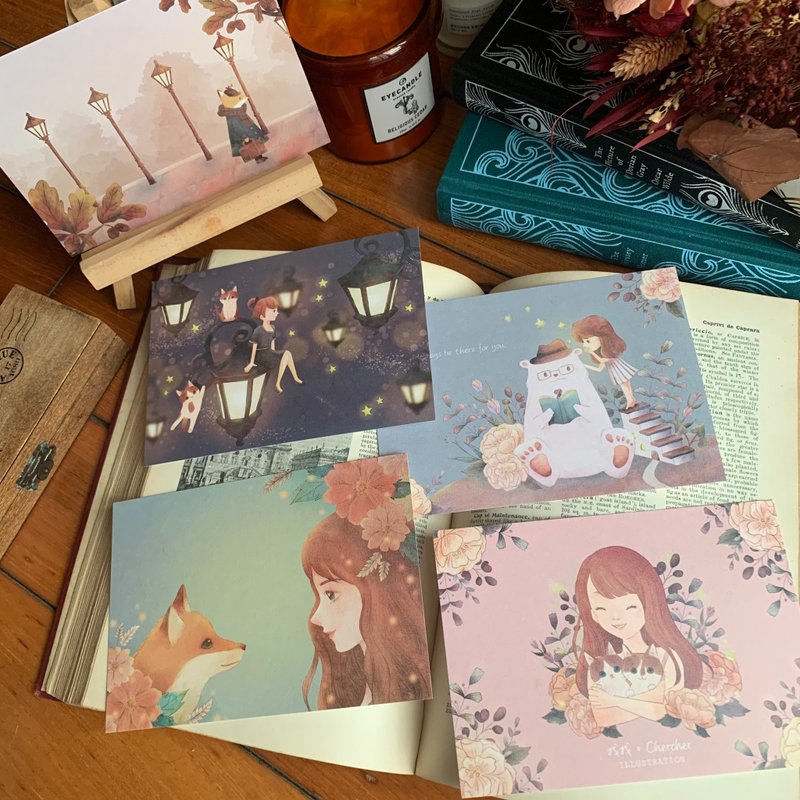 復古貓咪與狐狸明信片1套5張-Seize the day系列_現貨 - 卡片/明信片 - 紙 