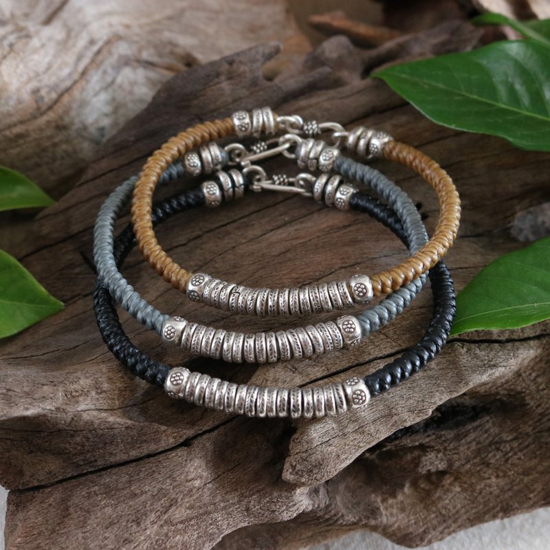 Handwoven Beaded Wax Cord Bracelet with Clasp, Karen Silver, For Men and Women - Bracelets - Sterling Silver Brown