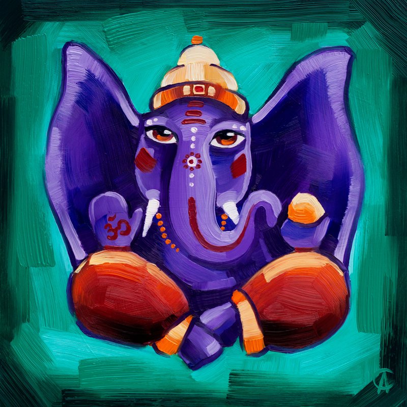 Ganesha Painting Indian Original Art Meditation Artwork Ganapati 30 by 30 cm - 海報/掛畫/掛布 - 木頭 綠色