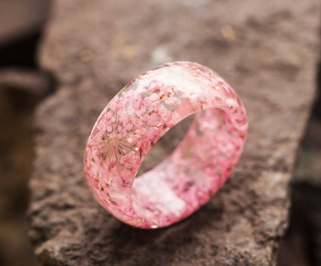 Pink and Orange Pressed Flower Resin Ring-Size 8.5