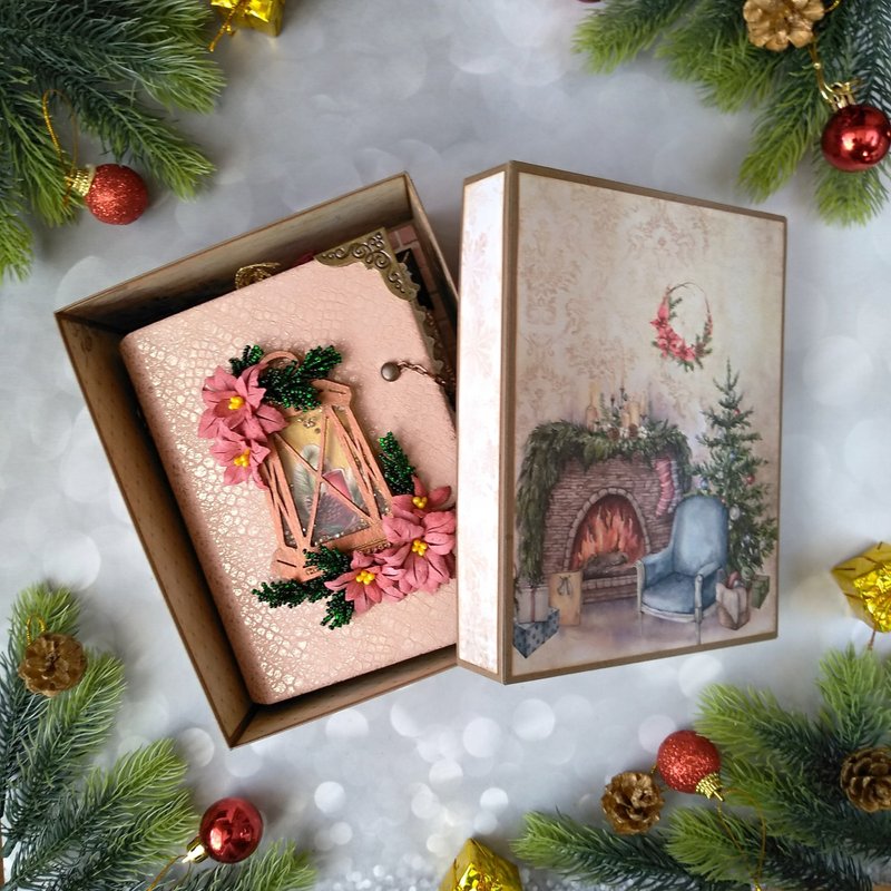 Vintage Christmas & New Year Notebook / Junk Journal with Lace & Poinsettias - 筆記簿/手帳 - 紙 多色