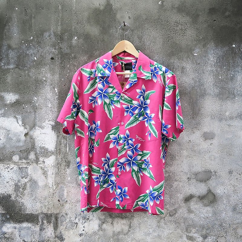 桃紅色 花與葉 古著夏威夷襯衫 - 恤衫 - 聚酯纖維 
