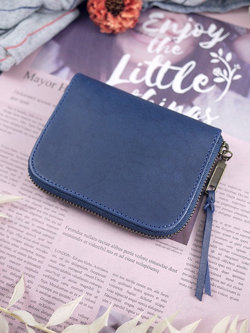 【Mother's Day】. Serenity blue. Vegetable tanned leather short clip/wallet/wallet/coin purse - Wallets - Genuine Leather Blue