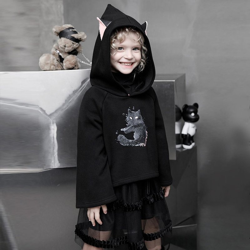 Punk little wizard black cat parent-child suit - black / pink / soon to be out of print - เสื้อยืด - วัสดุอื่นๆ สีดำ