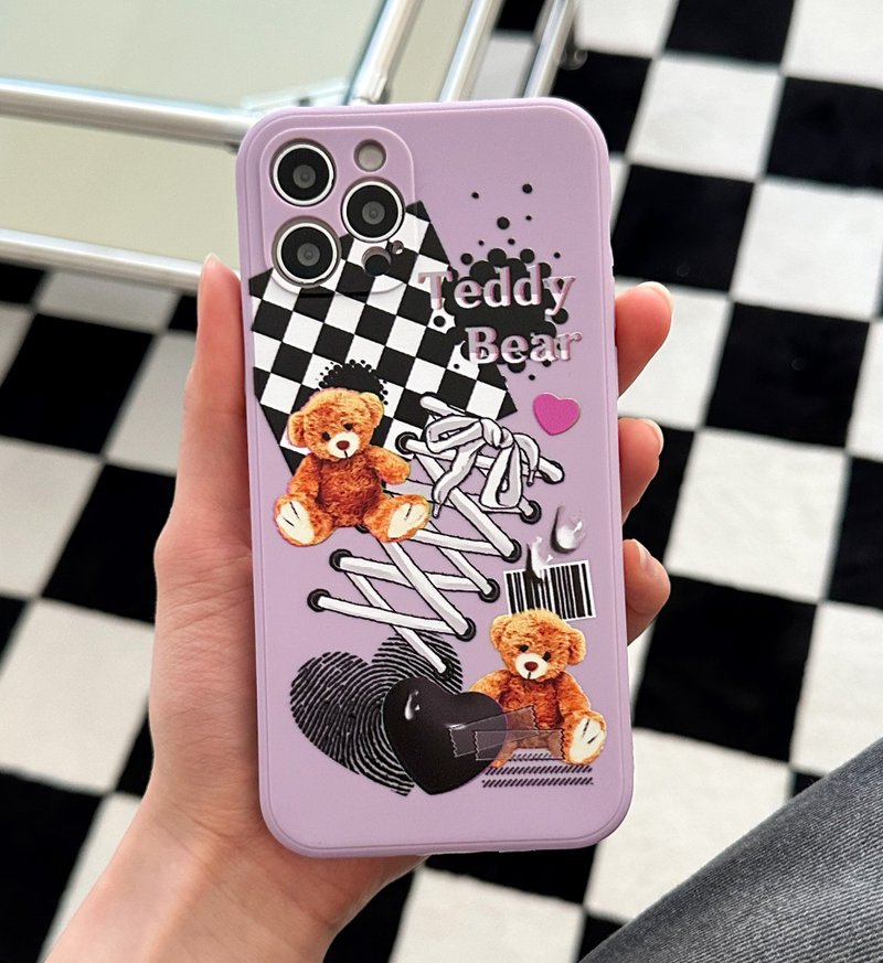 Black checkered bear purple Mobile phone case Silicone Protective Case - Phone Cases - Silicone Purple