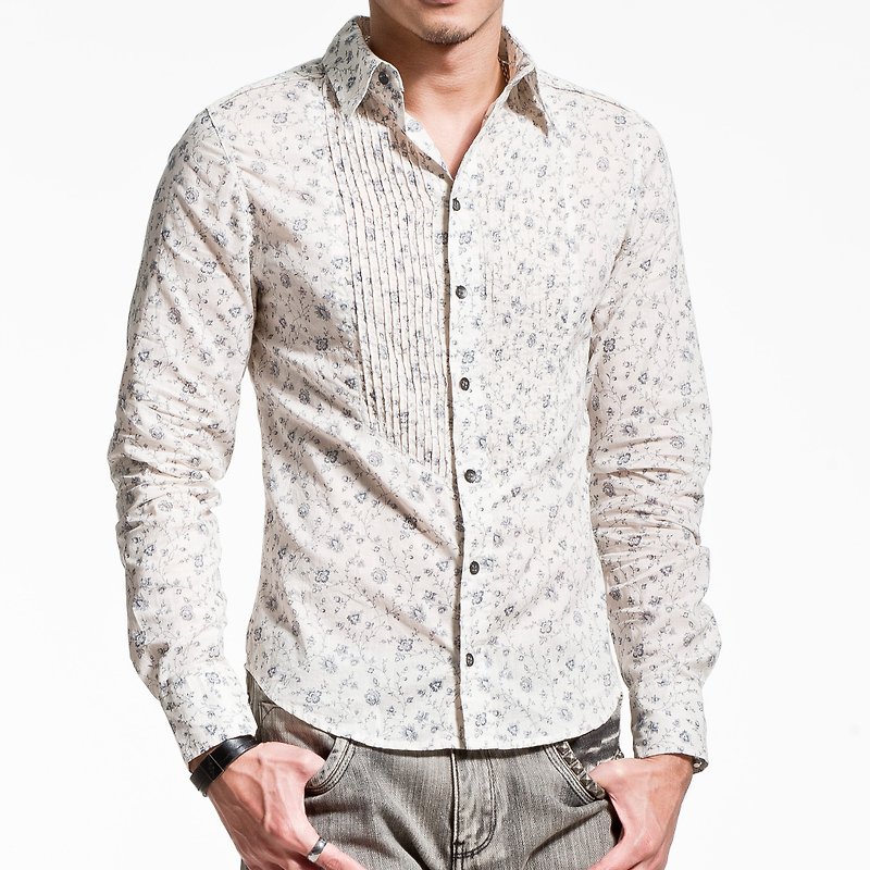 Long-sleeved shirt with pleated print on chest - เสื้อเชิ้ตผู้ชาย - ผ้าฝ้าย/ผ้าลินิน 