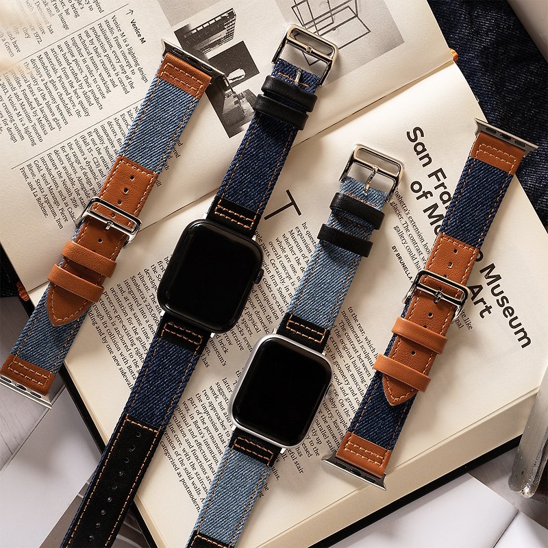 Apple watch - 車線牛仔拼接蘋果錶帶 - 錶帶 - 真皮 藍色