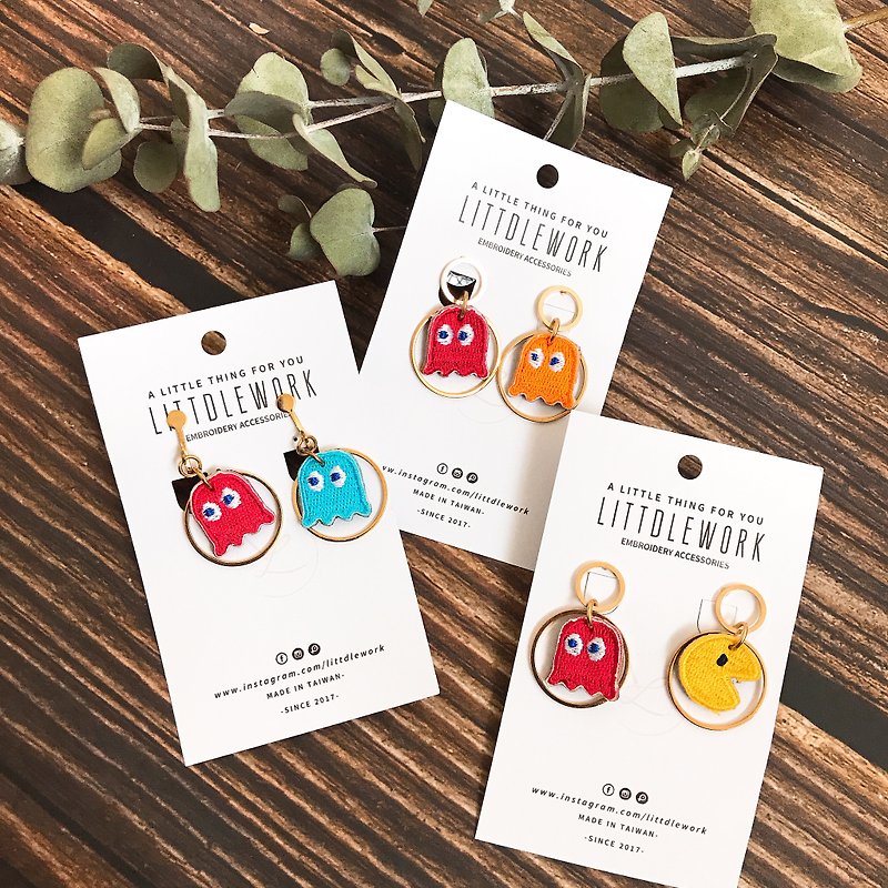 Embroidery earrings |  Pac-Man | Littdlework - Earrings & Clip-ons - Thread Multicolor