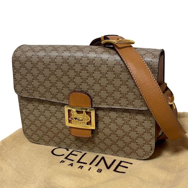 本物 CELINE セリーヌ ショルダーバッグ 馬車金具 マカダム PVC レザー ベージュ ヴィンテージ 中古 - ショルダーバッグ - その他の素材 