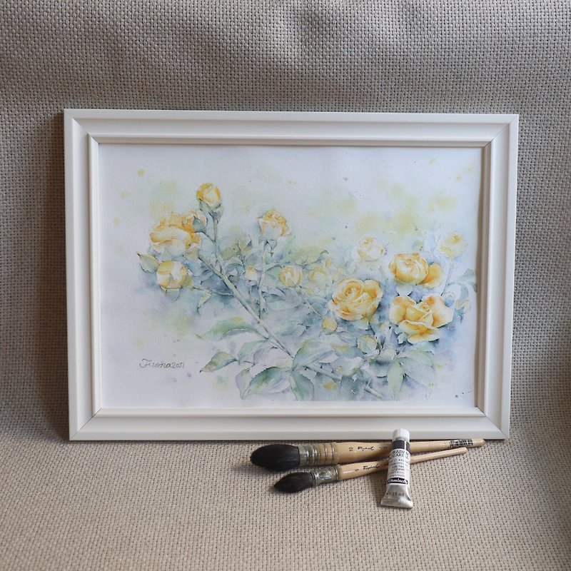 Watercolor painting blessed yellow rose / hand-painted original watercolor painting / framed - โปสเตอร์ - กระดาษ 