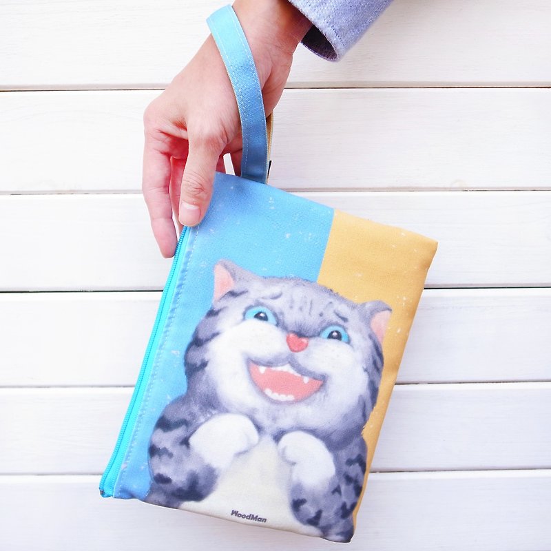Mischievous cat canvas clutch bag - กระเป๋าคลัทช์ - ผ้าฝ้าย/ผ้าลินิน สีเหลือง