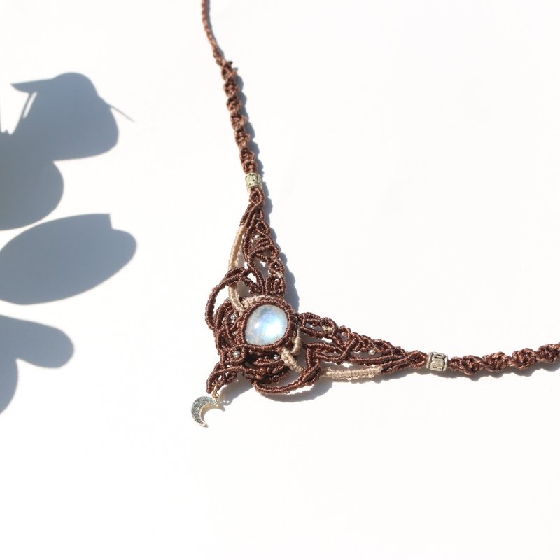 Patterned moonstone moon pendant necklace braided Wax thread design - Necklaces - Crystal Brown