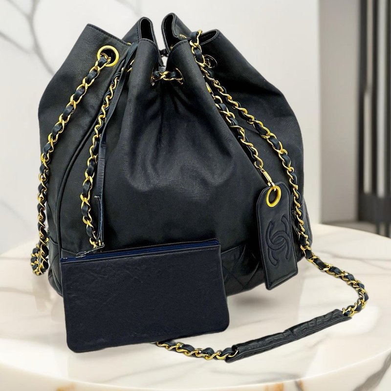 【LA LUNE】Second-hand Chanel black leather chain bucket bag single shoulder side bag - Messenger Bags & Sling Bags - Genuine Leather Black