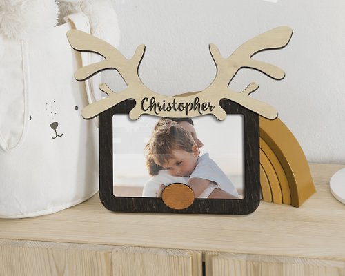 Mr.Carpenter Store Personalized photo frame with a nose and antlers Custom color nursery wall decor