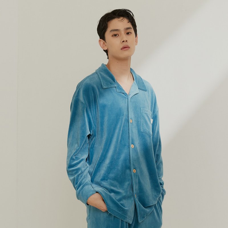 Corduroy wide version long-sleeved shirt home set-turquoise blue/home service - ชุดนอน/ชุดอยู่บ้าน - ผ้าฝ้าย/ผ้าลินิน สีน้ำเงิน