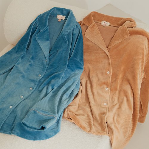 Corduroy wide version long-sleeved shirt home set-turquoise blue/home  service