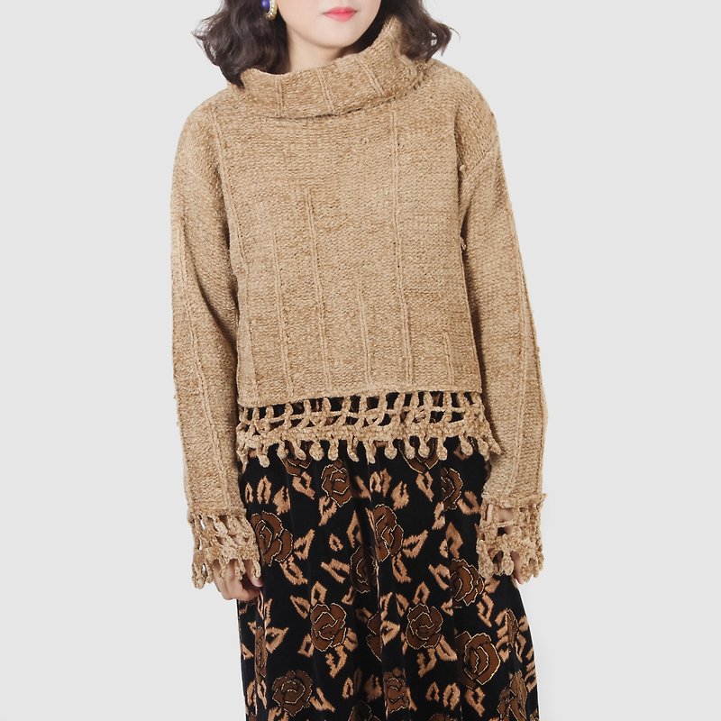 [Egg Plant Vintage] Cappuccino High Collar Vintage Sweater - Women's Sweaters - Wool Brown