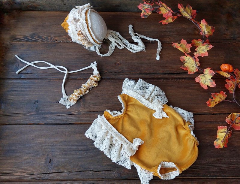 Fall girl outfit, Newborn romper set, boho props, bodysuit velvet headband - 嬰兒手鍊/飾品 - 其他材質 橘色
