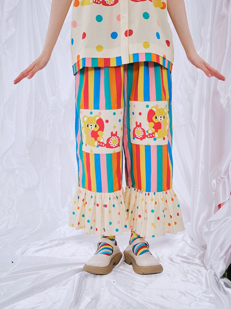 Original print rainbow diary bear pants dress Japanese cute girl size customization elastic waist - กางเกงขายาว - ผ้าฝ้าย/ผ้าลินิน หลากหลายสี