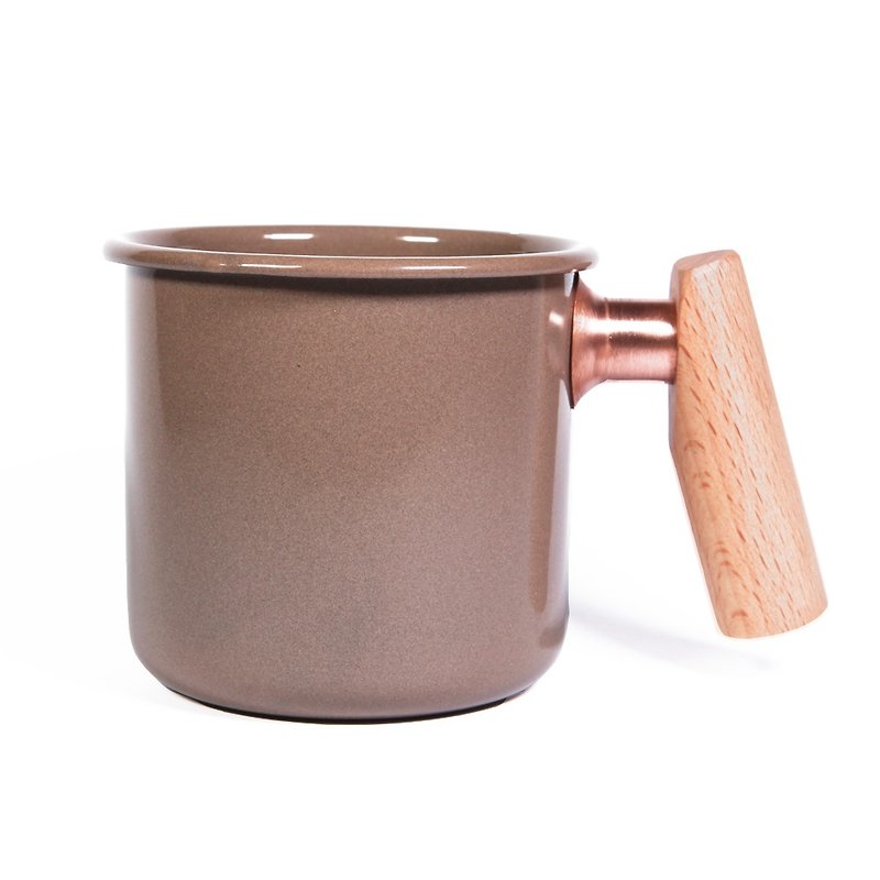 Wooden handle enamel mug 400ml (Light Brown) - Mugs - Enamel Brown