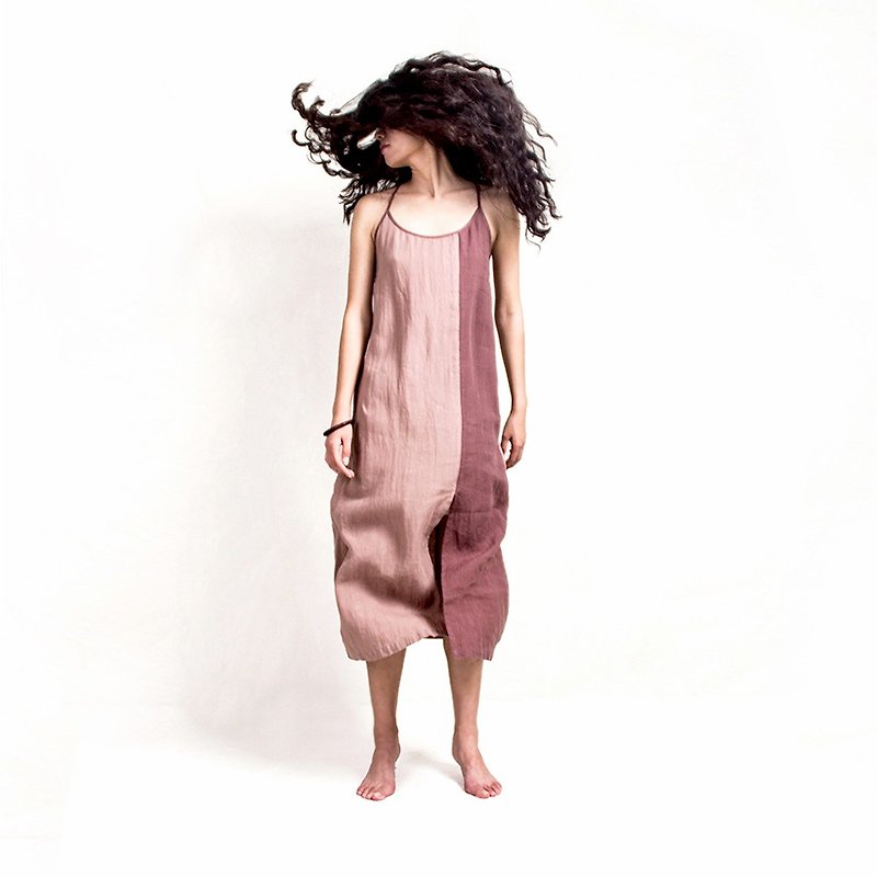 Pure linen washed color matching suspender skirt light pink coffee slim slimming long skirt - One Piece Dresses - Linen 