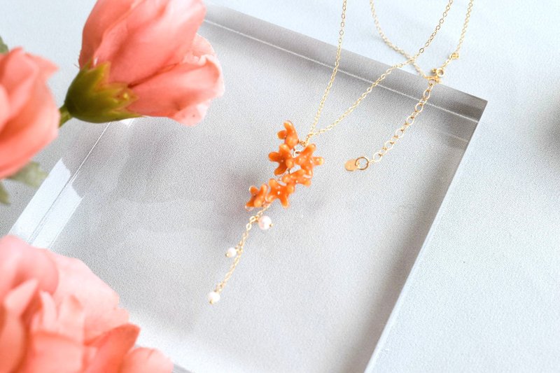 真實金木犀與淡水珍珠項鍊 - 項鍊 - 其他材質 橘色