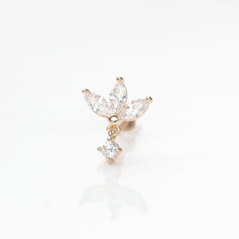 14K 三葉花鑽墜鎖珠耳環   (前鎖 平底 圓餅) (單個) 不褪色 - 耳環/耳夾/耳骨夾 - 貴金屬 金色