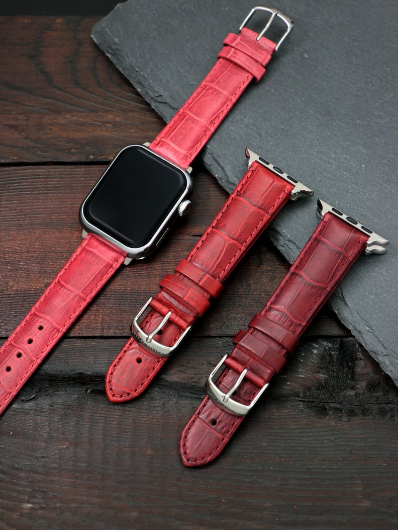 【APPLE WATCH compatible】Alligator-embossed calf leather strap - Red - Watchbands - Genuine Leather Red