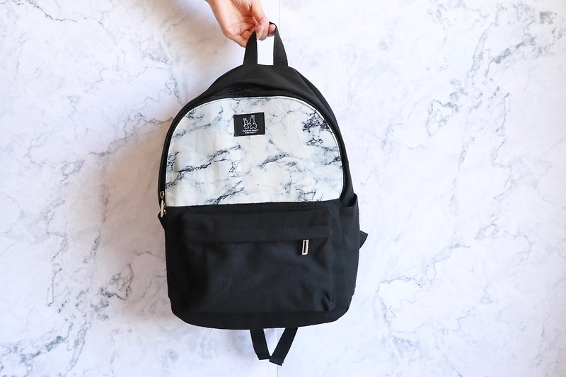 Backpack - marble - กระเป๋าเป้สะพายหลัง - ผ้าฝ้าย/ผ้าลินิน ขาว