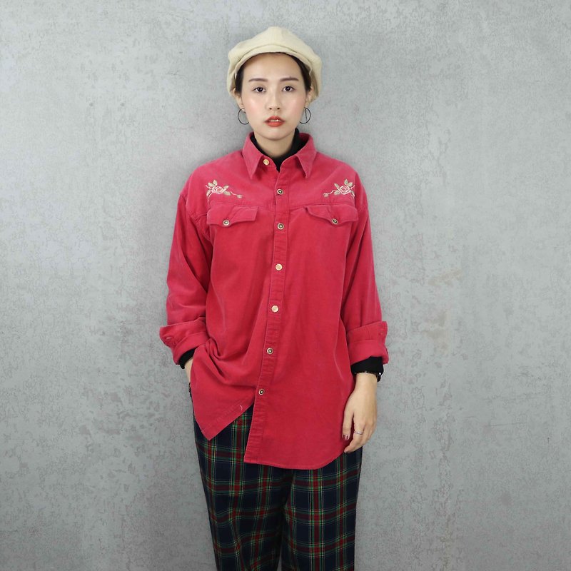 Tsubasa.Y vintage old corduroy shirt pink 014, Corduroy Shirt - เสื้อเชิ้ตผู้หญิง - ผ้าฝ้าย/ผ้าลินิน 