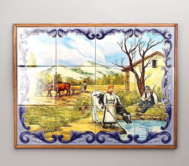 Tableau of twelve polychrome tiles in wooden frame showing a rural scenery - ของวางตกแต่ง - ดินเผา หลากหลายสี