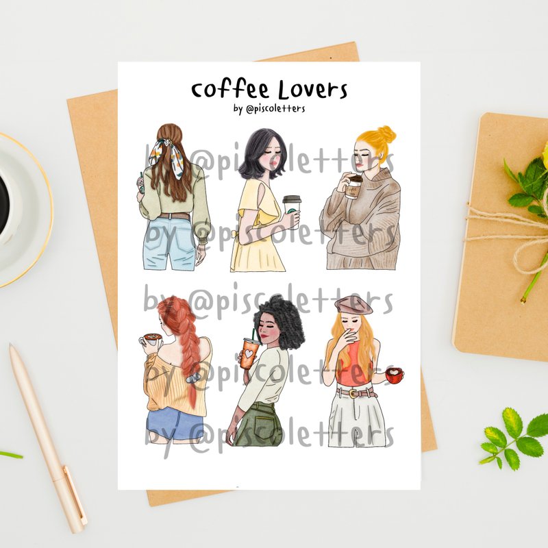 Coffee lover girl digital sticker - 電子似顏繪/繪畫/插畫 - 其他材質 