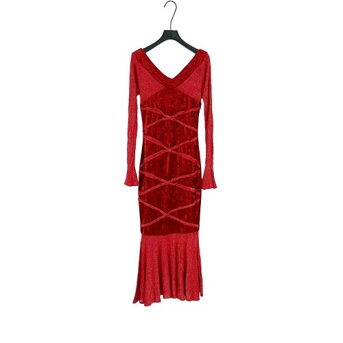 蘿綺莉蕾芭索 二手 紅色 針織 拼接 絨布 金蔥 彈性 拼接 魚尾 長袖 洋裝 PF303