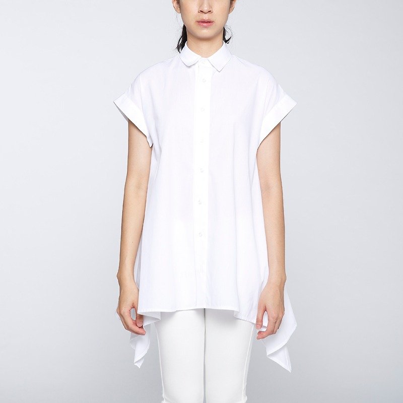 【夏日推薦 】涼感強撚傘狀罩衫-白 - 女襯衫 - 棉．麻 白色