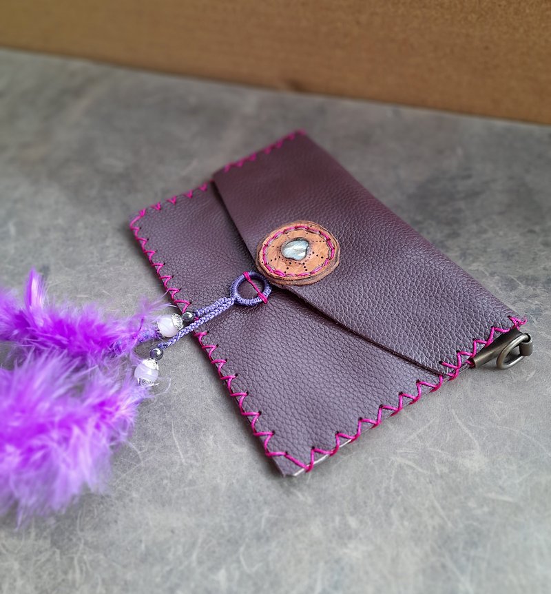 Labradorite Purple Leather Purse, Slim EDC Wallet, Crystal Leather Handbag - 長短皮夾/錢包 - 真皮 紫色