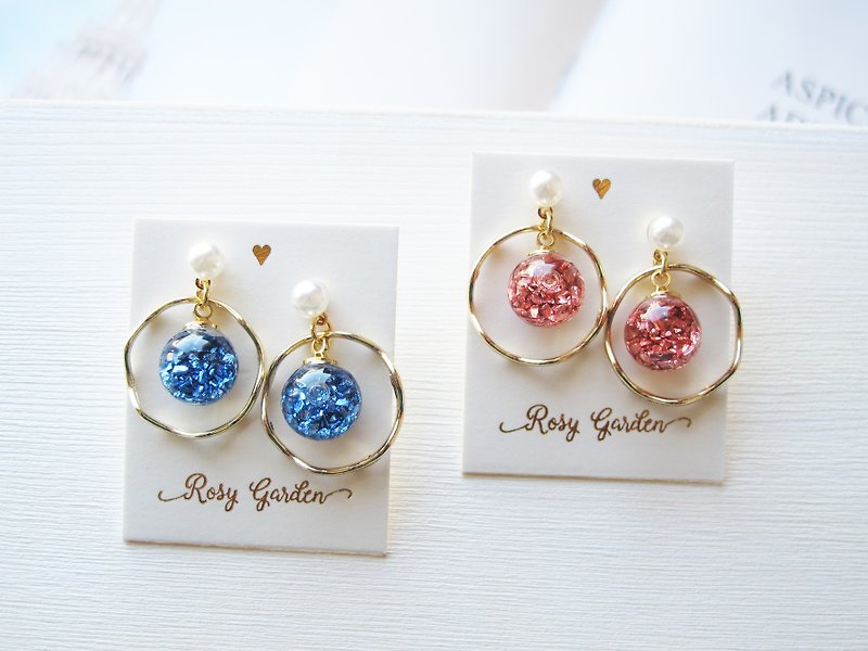 Rosy Garden rocks pieces with water inside glass ball earrings - Earrings & Clip-ons - Glass Blue