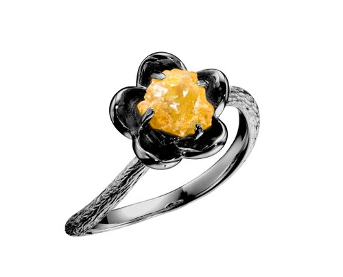 Majade Jewelry Design 黃寶石原石14k金梅花求婚戒指 植物原礦訂婚戒指 立體花朵單石戒