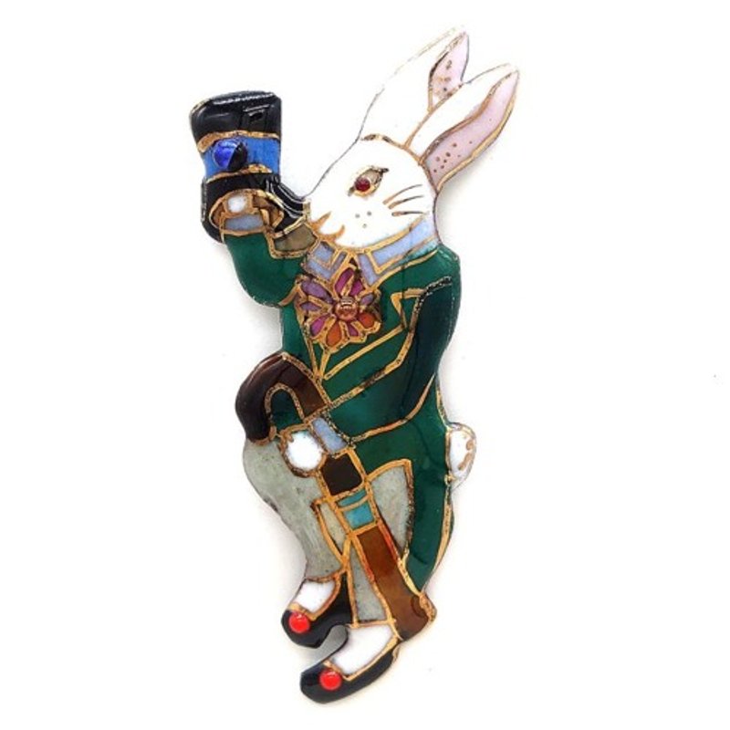 Western-style white rabbit (top hat and walking stick) cloisonne brooch - เข็มกลัด - โลหะ สีเขียว