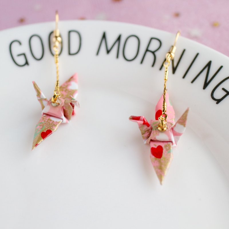 18kgf waterproof pink heart paper crane long earrings birthday gift Valentine  - Earrings & Clip-ons - Paper Pink