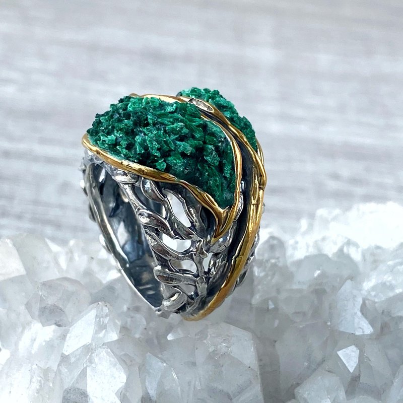 Malachite ring in sterling silver and 24 K gold plated, Shahinian Jewelry - 戒指 - 純銀 綠色