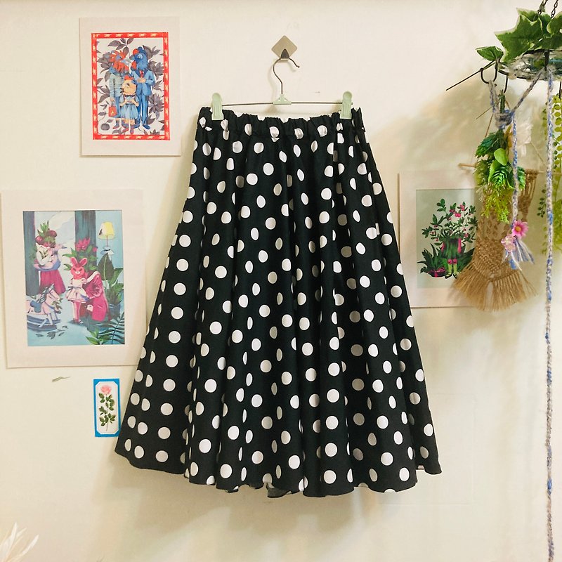 //Nail removal//Circle skirt _ black and white dot pattern skirt - กระโปรง - ผ้าฝ้าย/ผ้าลินิน สีดำ
