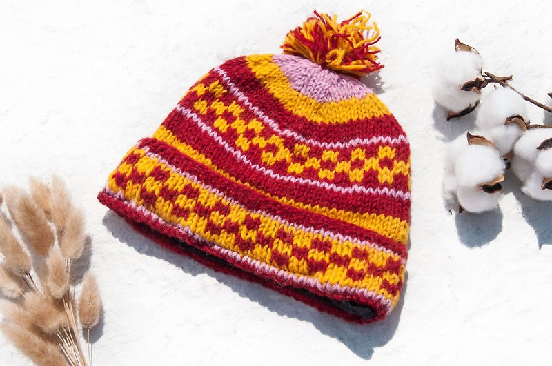 Hand-woven pure wool hat/knitted woolen hat/inner brushed hand-knitted woolen hat/hand-knitted woolen hat-mosaic - หมวก - ขนแกะ หลากหลายสี