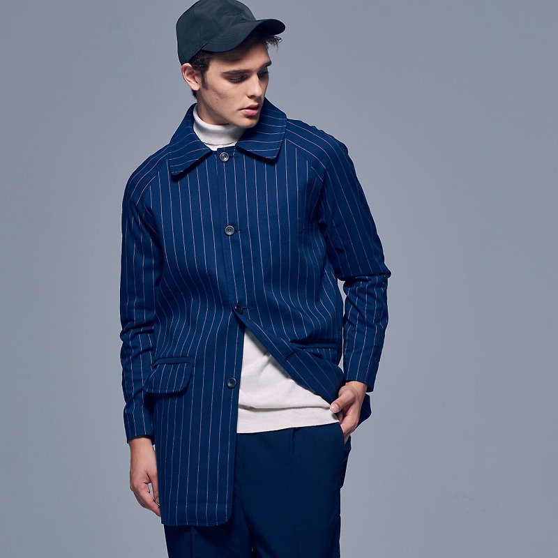 Stone'As Stripe Coat In Blue / striped blue long coat coat - เสื้อโค้ทผู้ชาย - ผ้าฝ้าย/ผ้าลินิน สีน้ำเงิน
