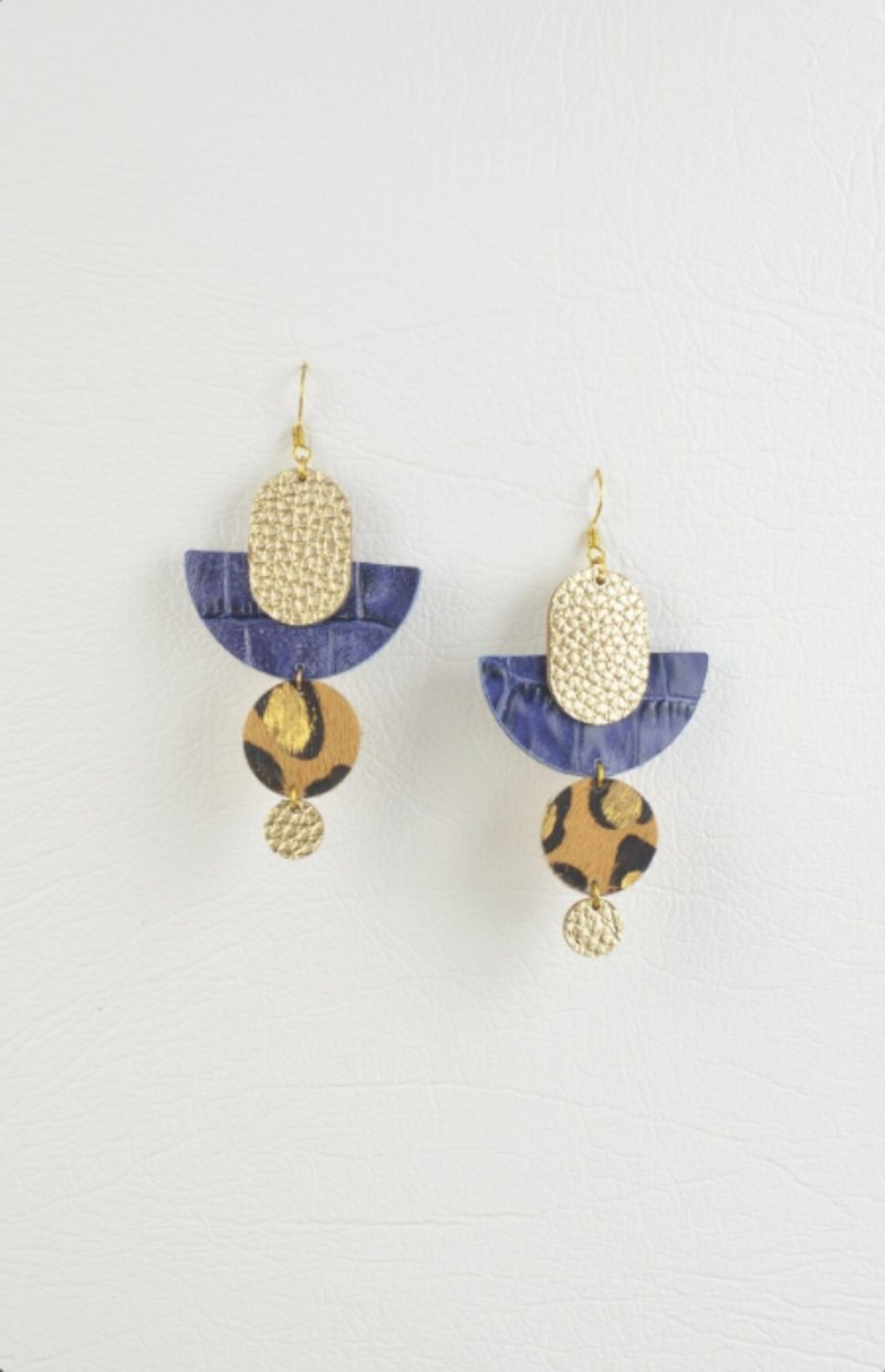 Leather Earrings in Purple, Leopard Pattern & Gold Genuine Salvaged Leather - ต่างหู - หนังแท้ สีทอง