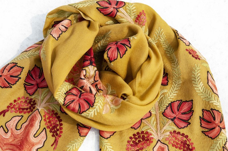 Cashmere Embroidered Cashmere Scarf Pure Wool Scarf Shawl Ring Velvet Shawl-Flower - Knit Scarves & Wraps - Wool Multicolor